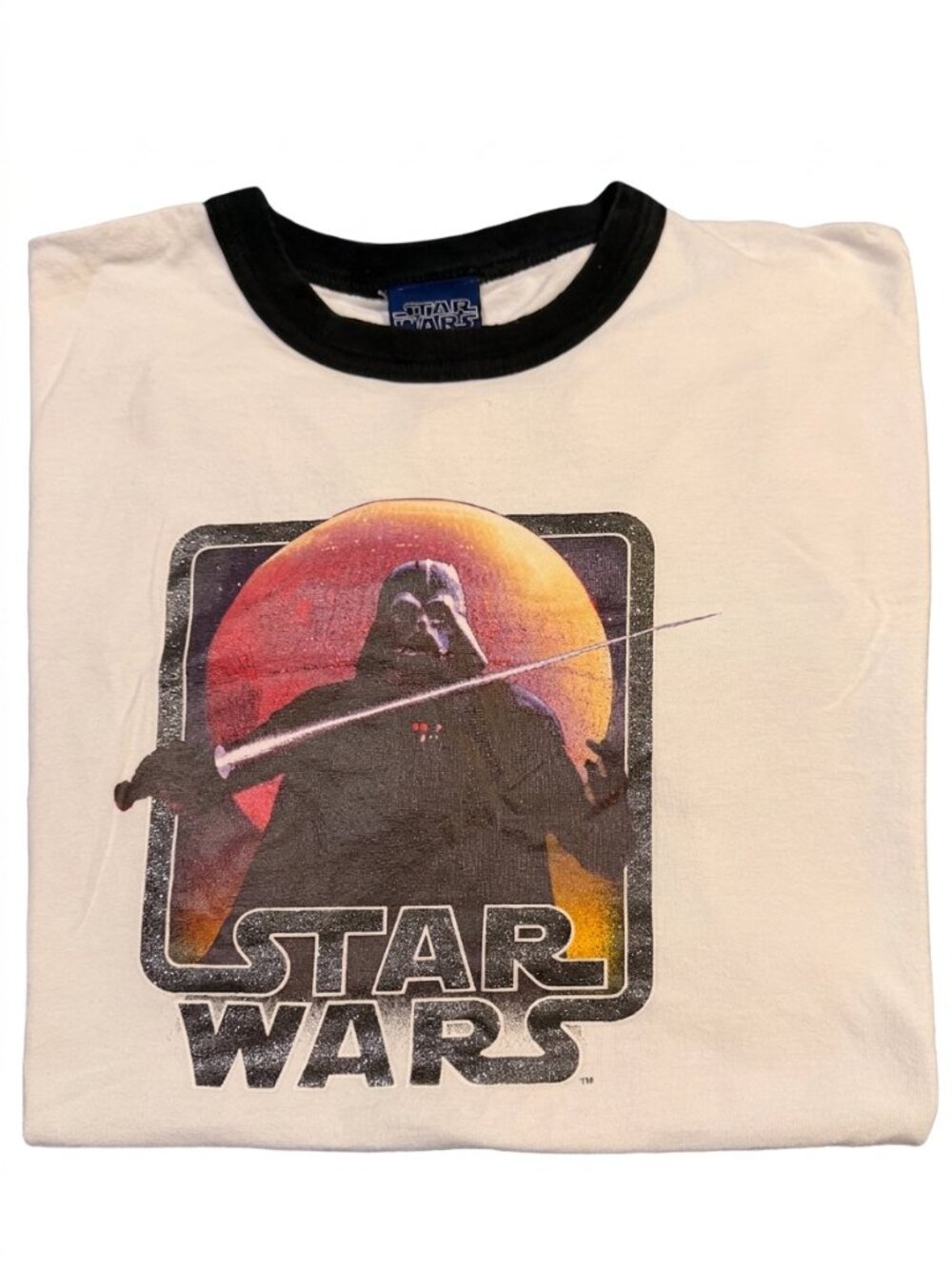 Vintage Y2K Star Wars Darth Vader Ringer Tee - Blue Tag Glitter Graphic